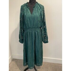 Emerald‎ Green Floral Burnout Midi Dress Long Sleeve Smocked Waist